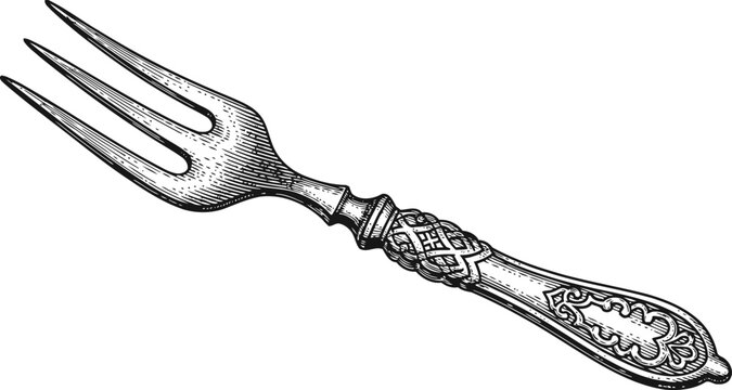 vintage ornate silver fork with detailed engraved handle design isolated on white