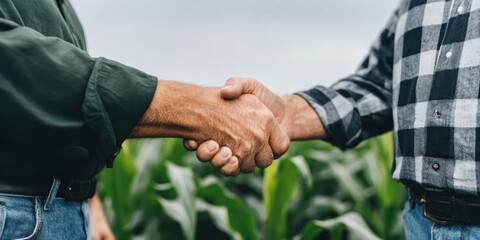 Close up of two farmers shaking hands in a cornfield representing an agricultural partnership, business agreement, and rural collaboration with natural daylight