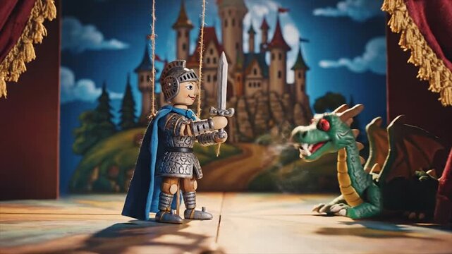 Puppet Knight Confronts a Fierce Dragon on a Theatrical Stage in a Fairytale Play