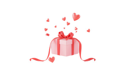Elegant pink gift box with a vibrant red ribbon, gracefully releasing a cascade of delicate flying hearts, symbolizing love, surprise, and heartfelt celebration for any special occasion