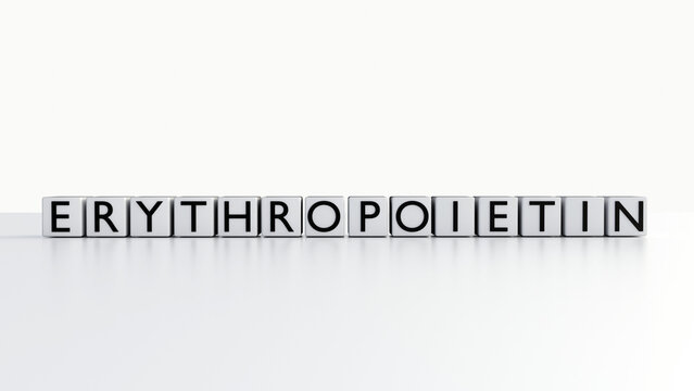 3D render of "ERYTHROPOIETIN" on letter blocks. It represents synthetic EPO used by athletes to boost oxygen delivery and muscle endurance through increased red blood cells.