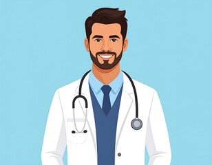 Fototapeta premium Cartoon portrait of a smiling, bearded doctor with a stethoscope