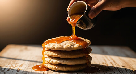 Delicious pancakes with caramel syrup being poured