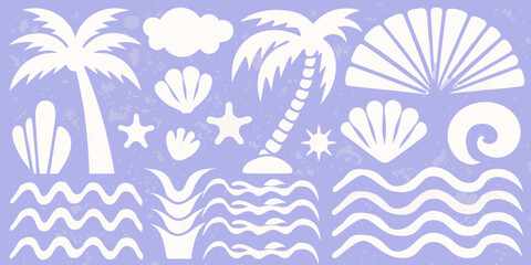 Obraz premium A pastel illustration featuring tropical elements like palm trees shells and waves