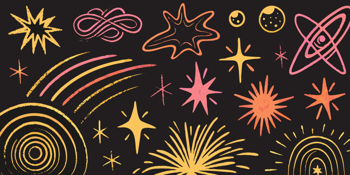 Colorful chalk like starbursts spirals and abstract shapes on a black background