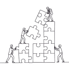 Teamwork concept people building a structure with interlocking puzzle pieces