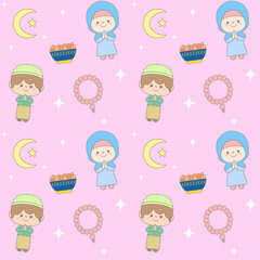 Cute Seamless Pattern Ramadan Background with Muslim Kids Praying and Festive Elements