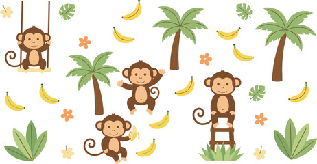 Cute kawaii monkey character set swinging on vines climbing ladders eating bananas with palm trees for tropical jungle nursery decor. © Vector Design Hub
