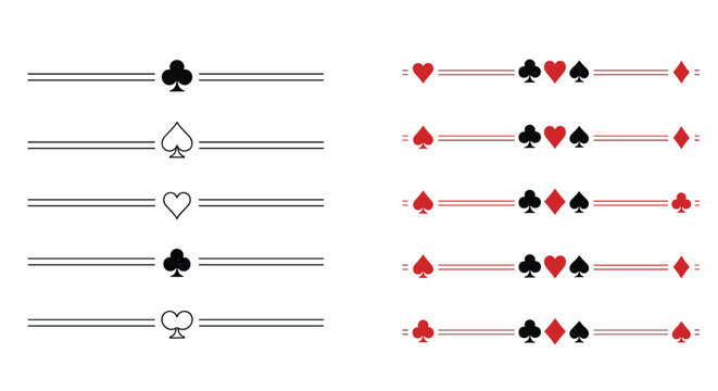 Collection of horizontal dividers featuring playing card suit symbols like hearts, spades, clubs, and diamonds in black and red colors.