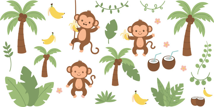 Cute kawaii monkey character set climbing ropes holding bananas hiding in jungle leaves with palm trees for tropical nursery decor.