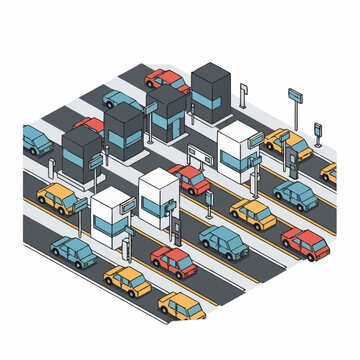 Isometric City Street with Cars and Buildings.