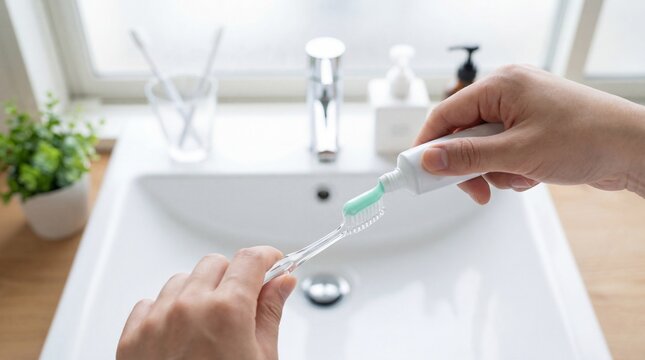 Toothbrush toothpaste hand sink bathroom hygiene morning routine person prepares toothbrush with paste over bright bathroom