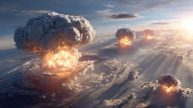 War concept. future war apocalypse concept, dramatic nuclear explosion cloud, fiery mushroom cloud over city, catastrophic sky blast, dramatic light ray, end of world scene