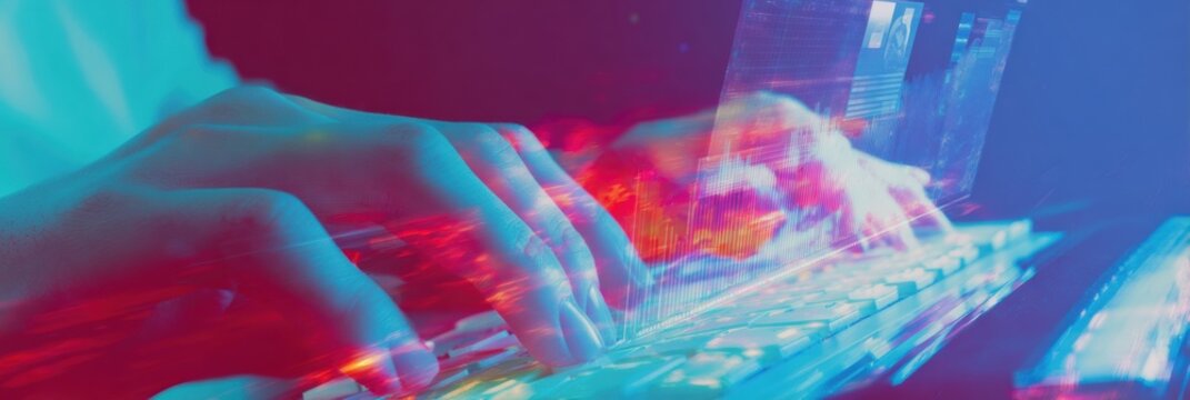 Hands typing on computer keyboard with predictive analytics dashboard for business data visualization and financial forecasting in a modern dark tech office background