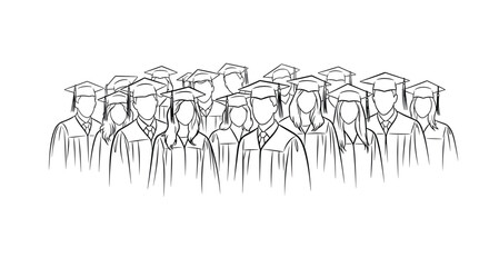 Simple line drawing of a group of graduates in traditional academic caps and gowns celebrating their achievement.