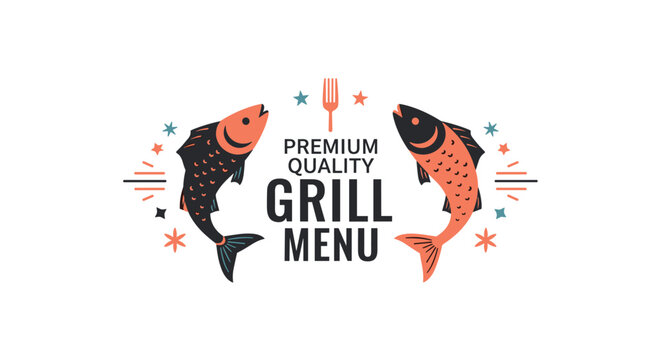 Vintage style grill menu logo featuring two stylized fish surrounding text with stars and decorative line elements.