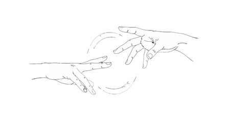 Minimalist line drawing of two hands reaching towards each other.