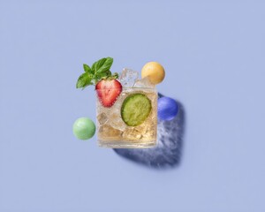 Strawberry and cucumber infused water garnish with mint leaves and ice cubes on a solid background for summer refreshment social media marketing with copy space