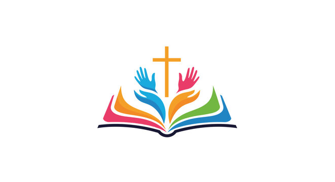 Colorful religious logo design depicting a golden cross rising from hands holding an open book with vibrant rainbow colored pages.