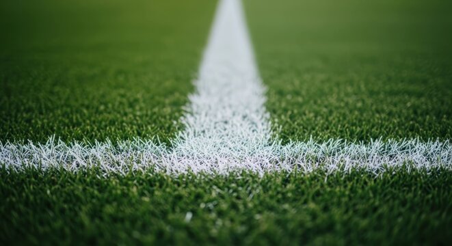 White lines on green grass sports field close up.