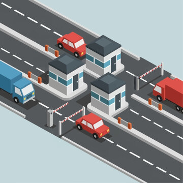 Toll Booths on Highway with Vehicles.