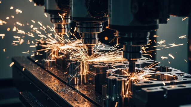 Close-up of a multi-axis CNC machine in operation, creating sparks during the metalworking process in a factory setting.