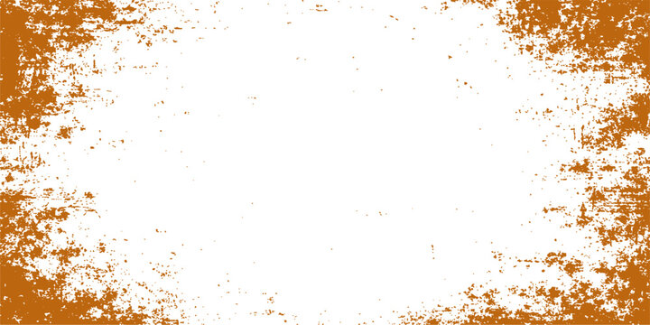 Abstract orange grunge background design features an artistic paint splash pattern with a dirty ink texture and a rusty border frame on an old paper wall illustration