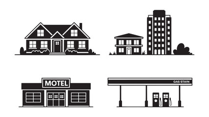 Fototapeta premium Illustration of a suburban landscape with a house, motel, apartment, and gas station from a frontal viewpoint