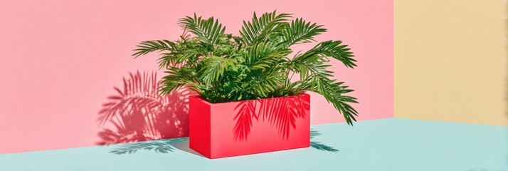 Tropical green palm plant in red rectangular planter box sitting in a colorful studio room with pink walls and blue floors for luxury product branding and copy space