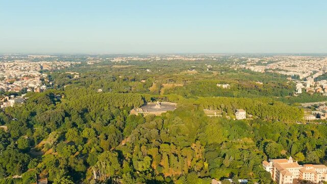 Rome, Italy. Giuseppe Garibaldi Monument. Janiculum, one of the hills of Rome. Summer. Morning hours. Drone footage