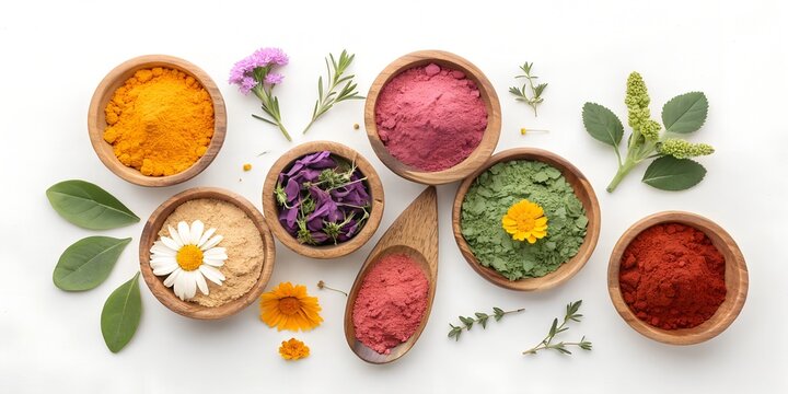 natural Holi colors made from flowers and herbs, wooden bowls, and an eco-friendly festival theme.