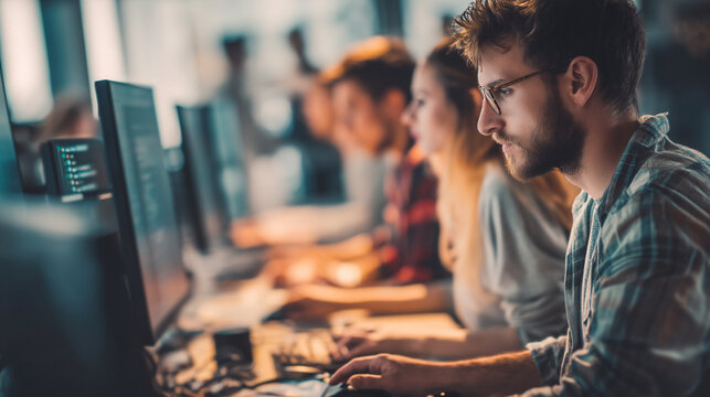 A group of young adults working on computers in a modern office setting