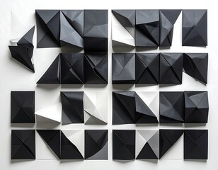 Black and white origami composition arranged on a white surface
