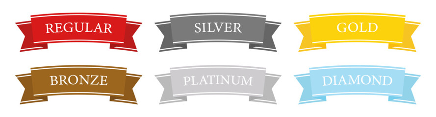 カラフルな階級リボンで構成された会員ランクバッジセット（レギュラー・シルバー・ゴールドほか全6種）