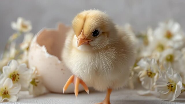 Cute little chick hatching flowers.