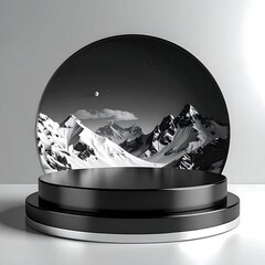 Black circular stage with a mountain and night sky scene background