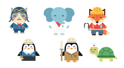 Cute kawaii animal career character set featuring cat pilot elephant doctor fox construction worker penguin and turtle nurse vector.