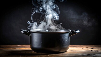 Black cooking pot with billowing steam against dark backdrop