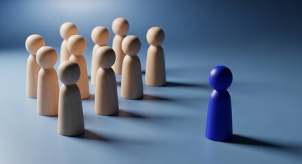 A lone blue figure stands out among a crowd of beige figures standing together in a group on a blue surface from a slightly elevated viewpoint.