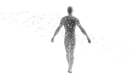 Abstract Digital Human: A striking digital rendering of a human form disintegrating into particles, representing themes of transformation, fragility, and the ephemeral nature of existence.