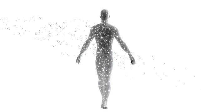 Abstract Digital Human: A striking digital rendering of a human form disintegrating into particles, representing themes of transformation, fragility, and the ephemeral nature of existence.