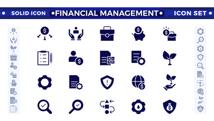 Financial Management solid icon set. Containing investor, mutual fund, asset, risk management, economy, financial gain, interest, Investment, Profit, Investor, Risk, Inflation, and stock icons. 