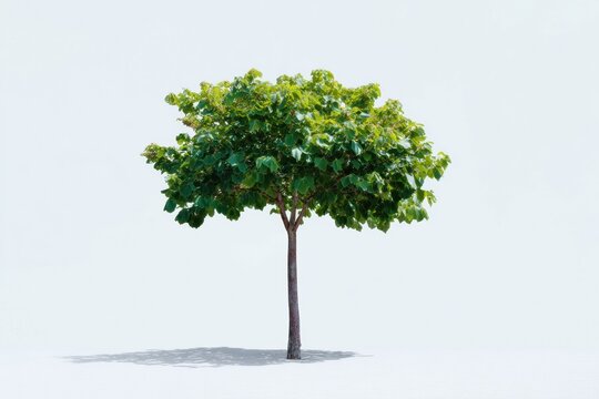 Plane tree with green foliage and slender trunk isolated on white background for landscape architecture design and botanical visualization mockup with copy space