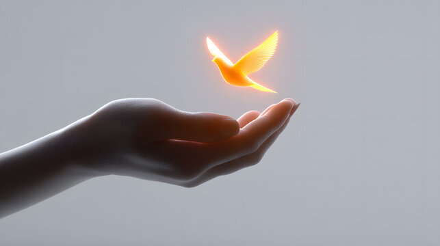 Embracing Liberation: A hand cradles a radiant, stylized dove, symbolizing hope, freedom, and the boundless possibilities of the human spirit.