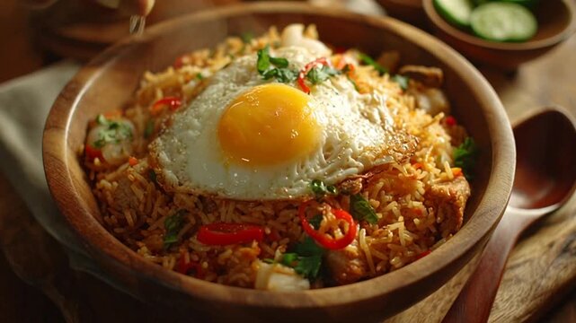 Fried Egg on Spicy Fried Rice in Wooden Bowl