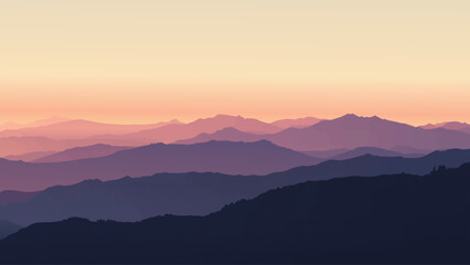 Obraz premium Serene mountain layers fade into a colorful evening sky at sunset.