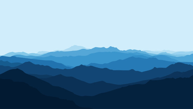 Abstract layered mountains in shades of blue create a calming landscape.