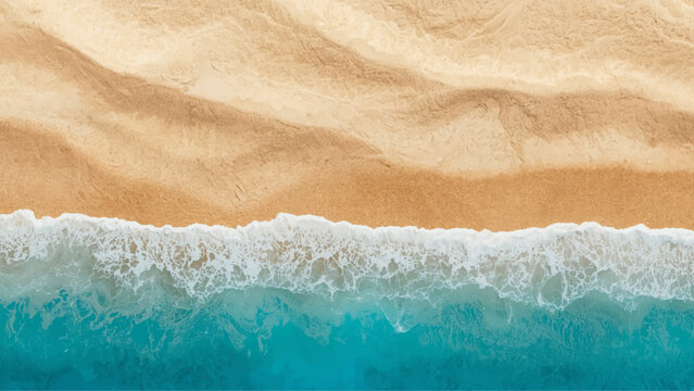 Aerial view of turquoise ocean waves meeting a golden sand beach.