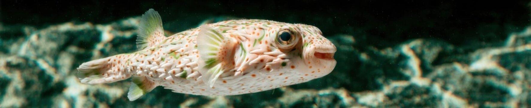 Puffer fish swimming in clear water with side profile view for marine biology study and nature magazine content, featuring spotted skin pattern over a coral reef