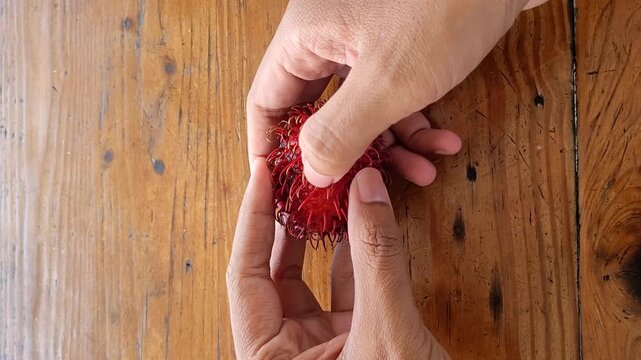 Hand peeling rambutan and check the fruit mrat quality inside